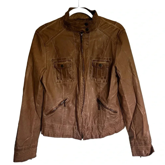 Max Jeans Brown Faux Leather Moto Jacket Size Large - Picture 1 of 12